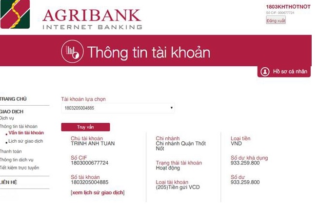 tra cứu số dư tài khoản Agribank